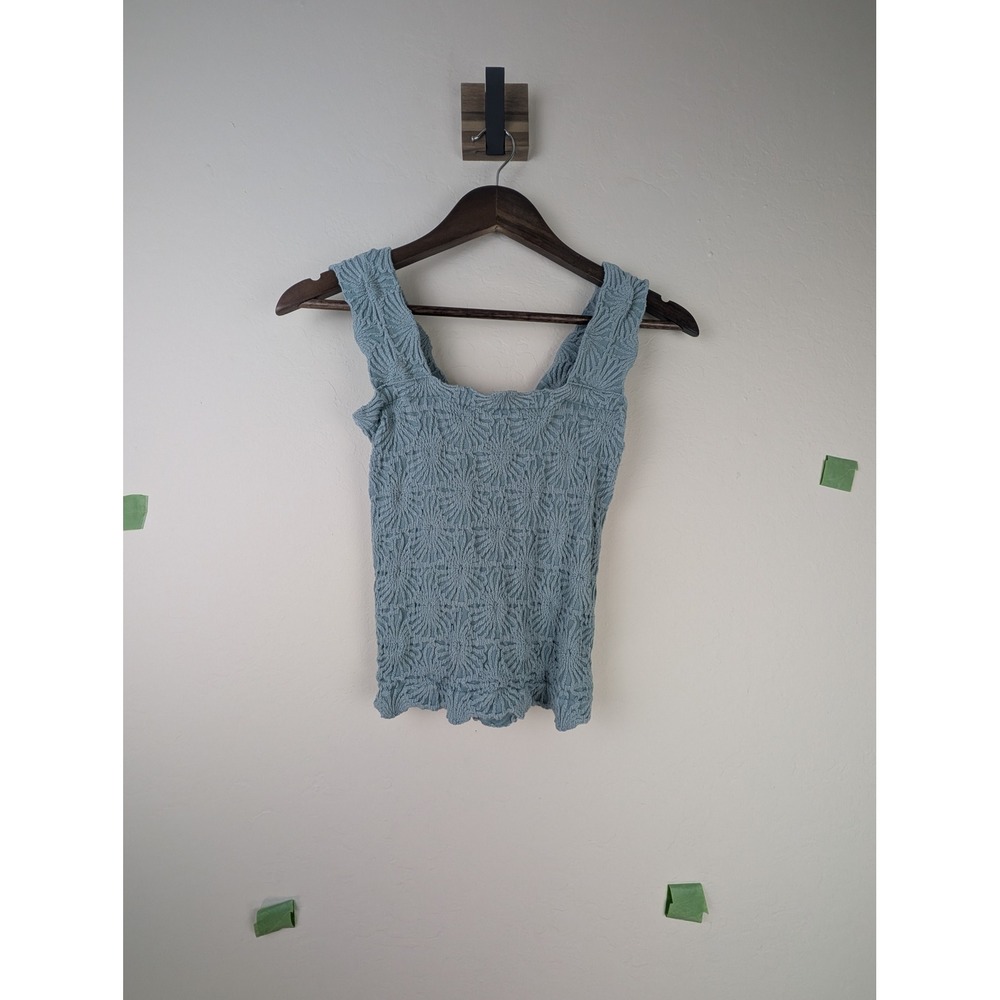 Blue Textured Popcorn Smocked Tank Top Square Neck Lettuce Hem Sleeveless
